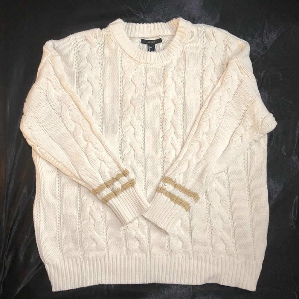 Forever 21 Cream Cable Knit Crew Neck Sweater